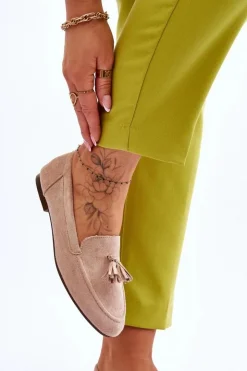 Damskie Boto Zamszowe Klasyczne Mokasyny Z Frędzlami Beżowe Averil