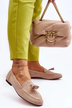 Damskie Boto Zamszowe Klasyczne Mokasyny Z Frędzlami Beżowe Averil