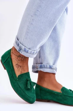 Boto Mokasyny Damskie Zamszowe*Zamszowe Klasyczne Mokasyny Z Frędzlami Zielone Averil