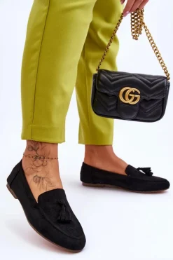 Damskie Boto Zamszowe Klasyczne Mokasyny Z Frędzlami Czarne Averil