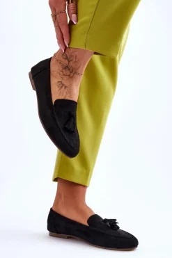 Damskie Boto Zamszowe Klasyczne Mokasyny Z Frędzlami Czarne Averil