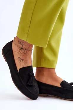 Damskie Boto Zamszowe Klasyczne Mokasyny Z Frędzlami Czarne Averil