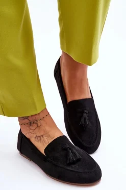 Damskie Boto Zamszowe Klasyczne Mokasyny Z Frędzlami Czarne Averil