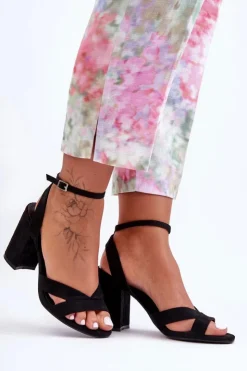 Damskie Boto Zamszowe Klasyczne Sandałki Na Słupku Czarne Tetradi