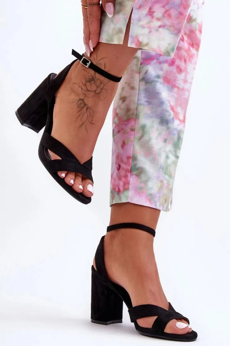 Damskie Boto Zamszowe Klasyczne Sandałki Na Słupku Czarne Tetradi