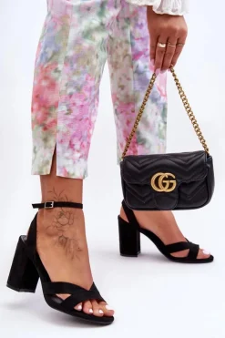 Damskie Boto Zamszowe Klasyczne Sandałki Na Słupku Czarne Tetradi