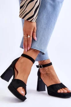 Boto Zamszowe Klasyczne Sandały Na Platformie Czarne Classy