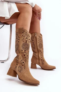 Damskie Boto Zamszowe Kozaki Ażurowe Lewski Shoes 3171 Beżowe