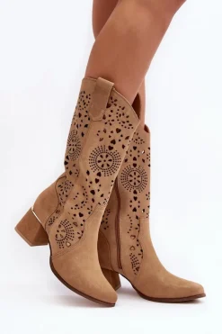 Damskie Boto Zamszowe Kozaki Ażurowe Lewski Shoes 3171 Beżowe