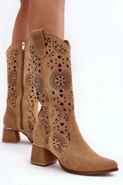 Damskie Boto Zamszowe Kozaki Ażurowe Lewski Shoes 3171 Beżowe
