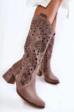 Damskie Boto Zamszowe Kozaki Ażurowe Lewski Shoes 3171 Cappucino