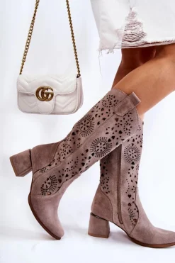Damskie Boto Zamszowe Kozaki Ażurowe Lewski Shoes 3171 Cappucino