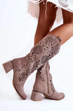 Damskie Boto Zamszowe Kozaki Ażurowe Lewski Shoes 3171 Cappucino