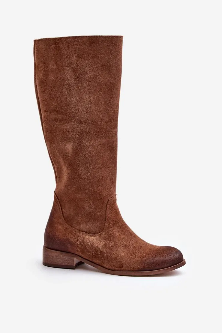 Damskie Zazoo Zamszowe Kozaki Damskie Do Połowy Łydki Na Zamek Lewski 3616 Brązowe