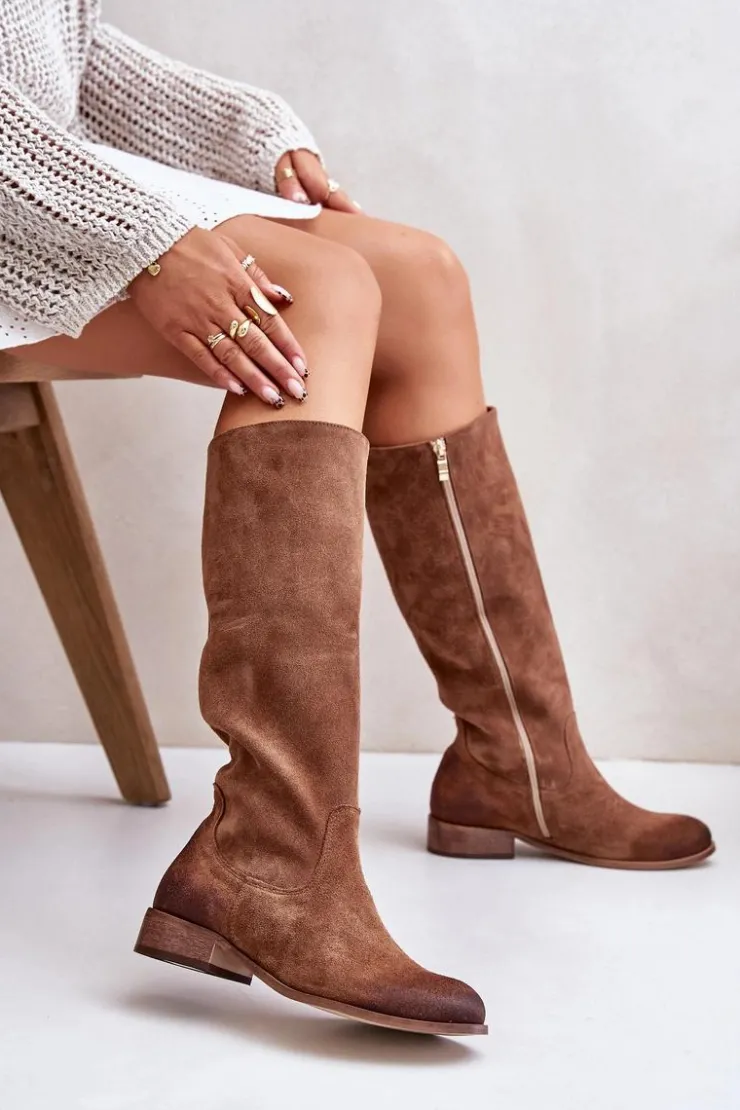 Damskie Zazoo Zamszowe Kozaki Damskie Do Połowy Łydki Na Zamek Lewski 3616 Brązowe