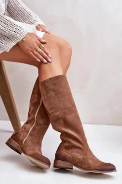 Damskie Zazoo Zamszowe Kozaki Damskie Do Połowy Łydki Na Zamek Lewski 3616 Brązowe