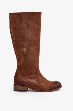 Damskie Zazoo Zamszowe Kozaki Damskie Do Połowy Łydki Na Zamek Lewski 3616 Brązowe