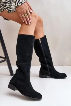 Online Zazoo Zamszowe Kozaki Damskie Do Połowy Łydki Na Zamek Lewski 3616 Czarne Czarny