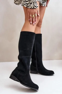 Online Zazoo Zamszowe Kozaki Damskie Do Połowy Łydki Na Zamek Lewski 3616 Czarne Czarny