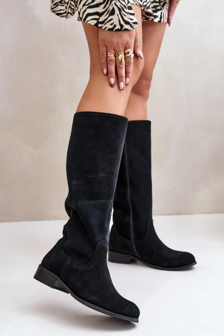 Online Zazoo Zamszowe Kozaki Damskie Do Połowy Łydki Na Zamek Lewski 3616 Czarne Czarny