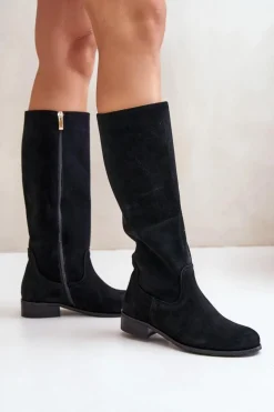 Online Zazoo Zamszowe Kozaki Damskie Do Połowy Łydki Na Zamek Lewski 3616 Czarne Czarny