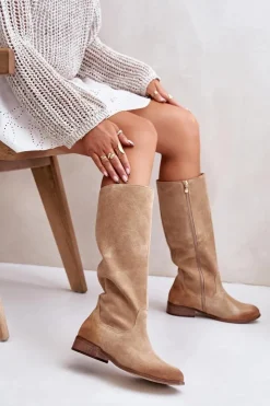Sale Zazoo Zamszowe Kozaki Damskie Do Połowy Łydki Na Zamek Lewski 3616 Beżowe Beżowy