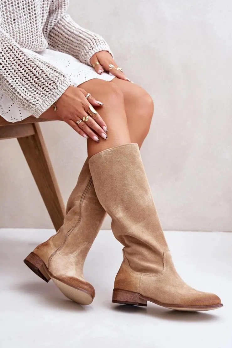 Sale Zazoo Zamszowe Kozaki Damskie Do Połowy Łydki Na Zamek Lewski 3616 Beżowe Beżowy