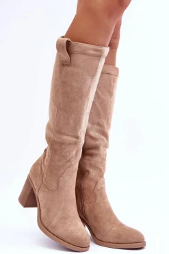 Online Boto Zamszowe Kozaki Damskie Na Słupku Beżowe Khabira