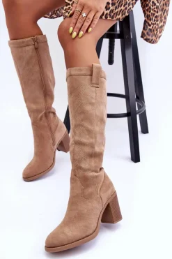 Online Boto Zamszowe Kozaki Damskie Na Słupku Beżowe Khabira
