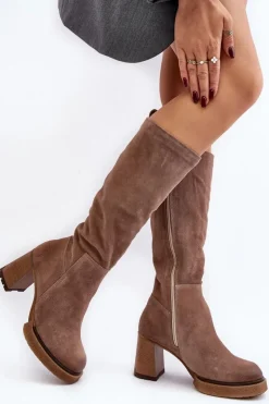 Damskie Boto Zamszowe Kozaki Damskie Na Słupku Przed Kolano Brązowe Lemar Ceraxa
