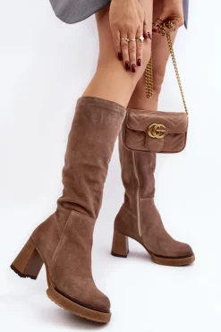 Damskie Boto Zamszowe Kozaki Damskie Na Słupku Przed Kolano Brązowe Lemar Ceraxa