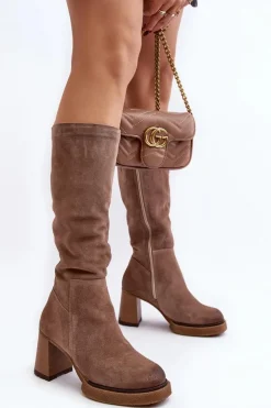 Damskie Boto Zamszowe Kozaki Damskie Na Słupku Przed Kolano Brązowe Lemar Ceraxa