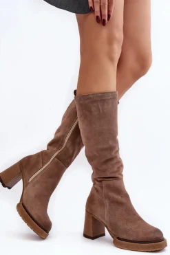Damskie Boto Zamszowe Kozaki Damskie Na Słupku Przed Kolano Brązowe Lemar Ceraxa