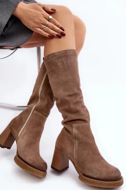 Damskie Boto Zamszowe Kozaki Damskie Na Słupku Przed Kolano Brązowe Lemar Ceraxa