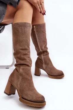 Damskie Boto Zamszowe Kozaki Damskie Na Słupku Przed Kolano Brązowe Lemar Ceraxa