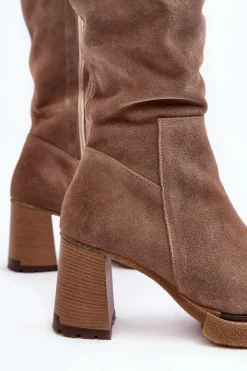 Damskie Boto Zamszowe Kozaki Damskie Na Słupku Przed Kolano Brązowe Lemar Ceraxa