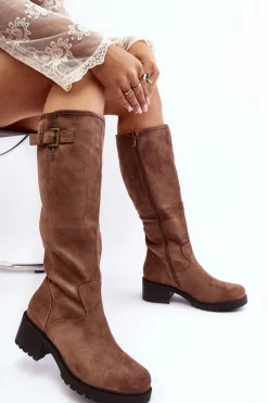 Damskie Boto Zamszowe Kozaki Damskie Na Płaskim Obcasie Beżowe Saranai