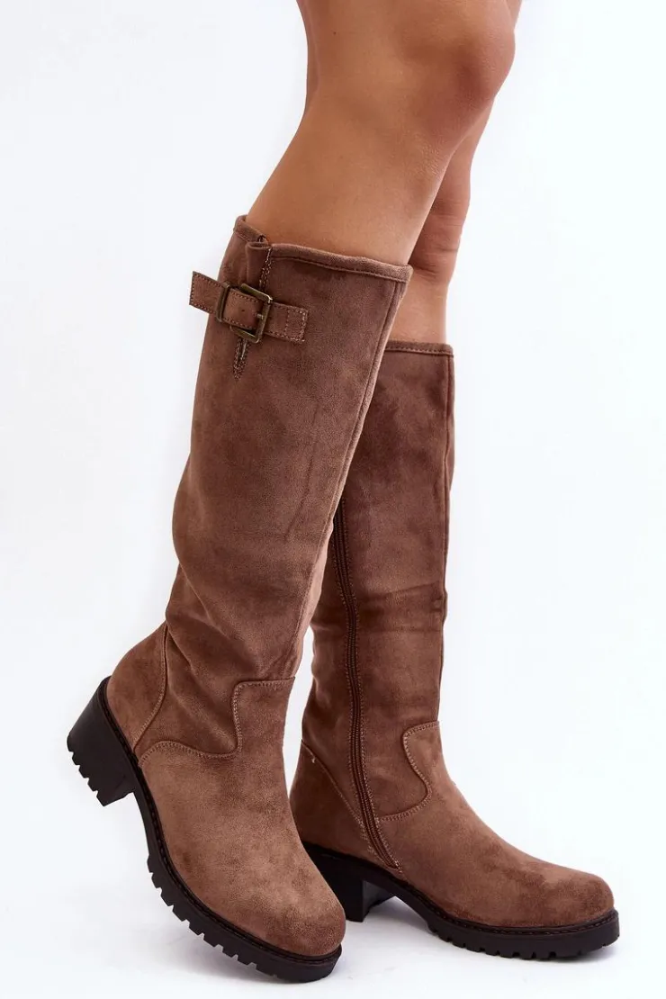 Damskie Boto Zamszowe Kozaki Damskie Na Płaskim Obcasie Beżowe Saranai