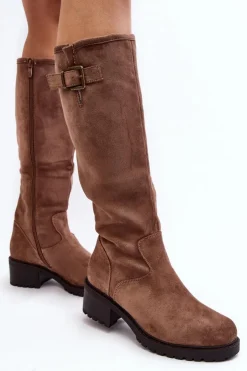 Damskie Boto Zamszowe Kozaki Damskie Na Płaskim Obcasie Beżowe Saranai