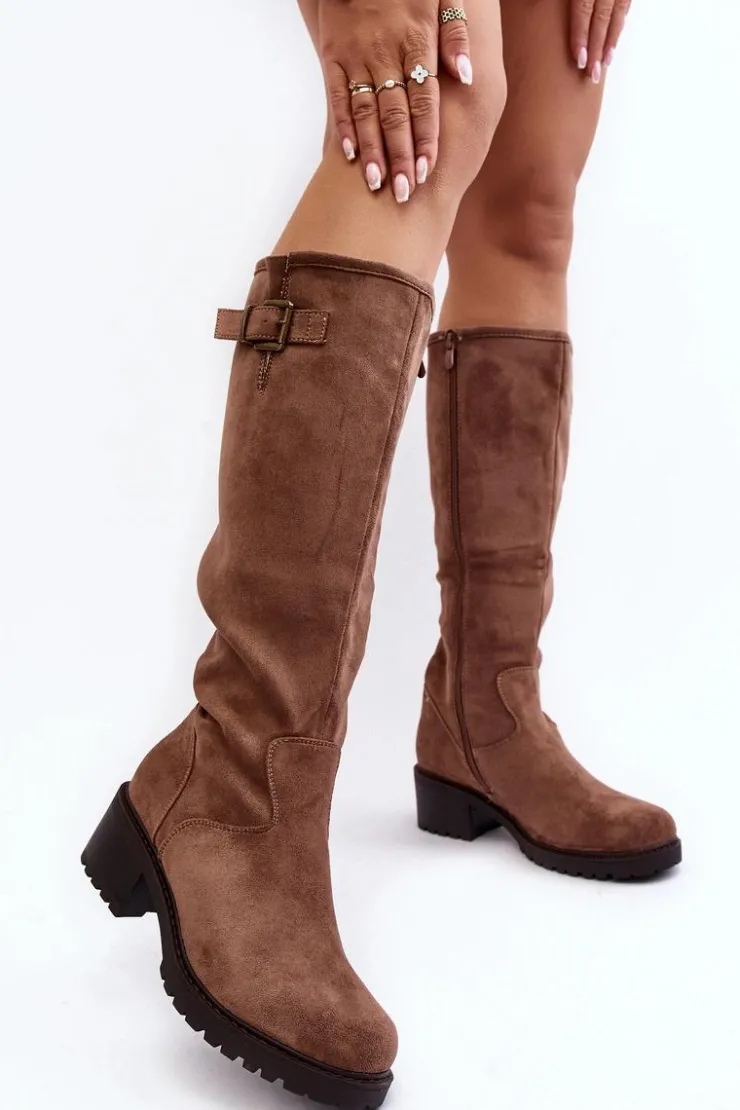 Damskie Boto Zamszowe Kozaki Damskie Na Płaskim Obcasie Beżowe Saranai