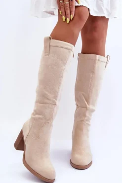 Damskie Boto Zamszowe Kozaki Damskie Na Słupku Jasnobeżowe Khabira