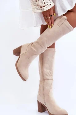 Damskie Boto Zamszowe Kozaki Damskie Na Słupku Jasnobeżowe Khabira