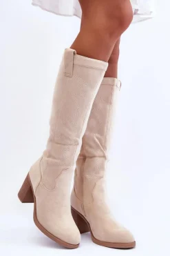 Damskie Boto Zamszowe Kozaki Damskie Na Słupku Jasnobeżowe Khabira