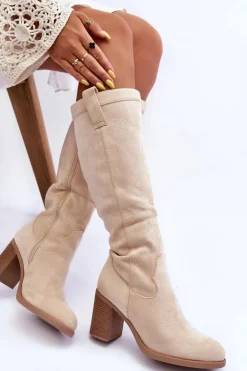 Damskie Boto Zamszowe Kozaki Damskie Na Słupku Jasnobeżowe Khabira