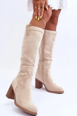 Damskie Boto Zamszowe Kozaki Damskie Na Słupku Jasnobeżowe Khabira