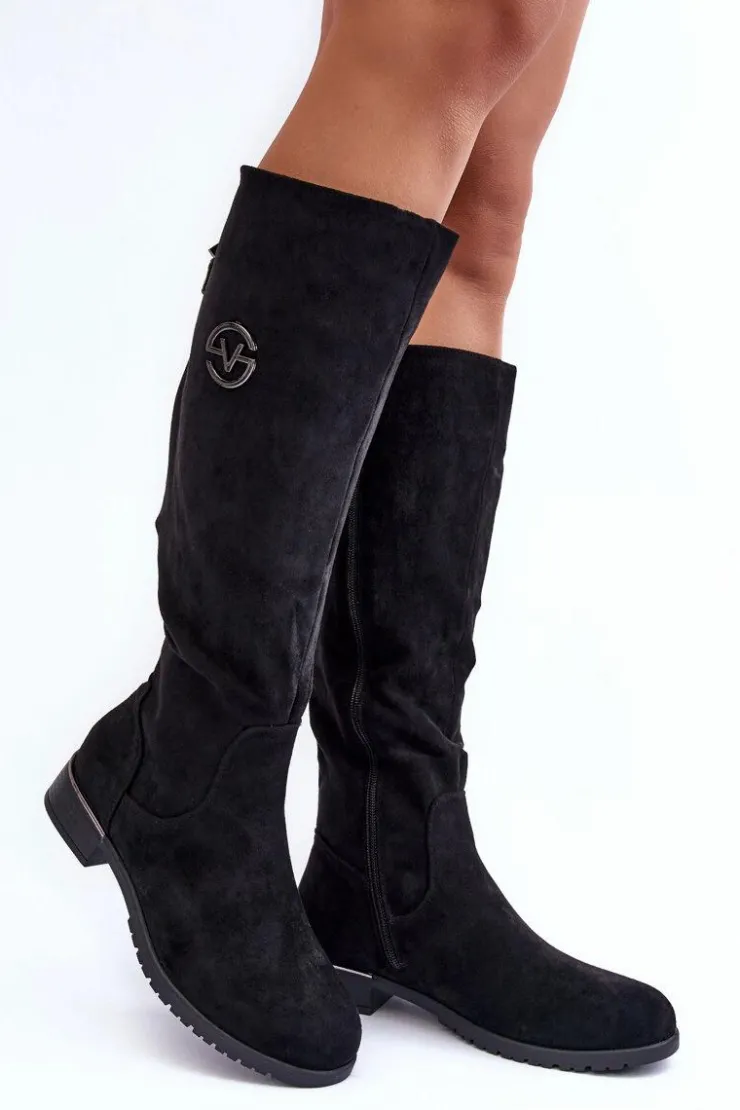 Buty damskie Vinceza Kozaki Płaskie|Kozaki Przed Kolano*Zamszowe Kozaki Damskie Na Płaskim Obcasie Czarne Albuna