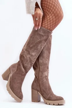 Damskie Boto Zamszowe Kozaki Damskie Na Słupku Ciemnobeżowe Lewski 3371