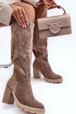 Damskie Boto Zamszowe Kozaki Damskie Na Słupku Ciemnobeżowe Lewski 3371