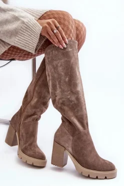 Damskie Boto Zamszowe Kozaki Damskie Na Słupku Ciemnobeżowe Lewski 3371