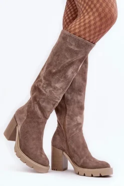 Damskie Boto Zamszowe Kozaki Damskie Na Słupku Ciemnobeżowe Lewski 3371